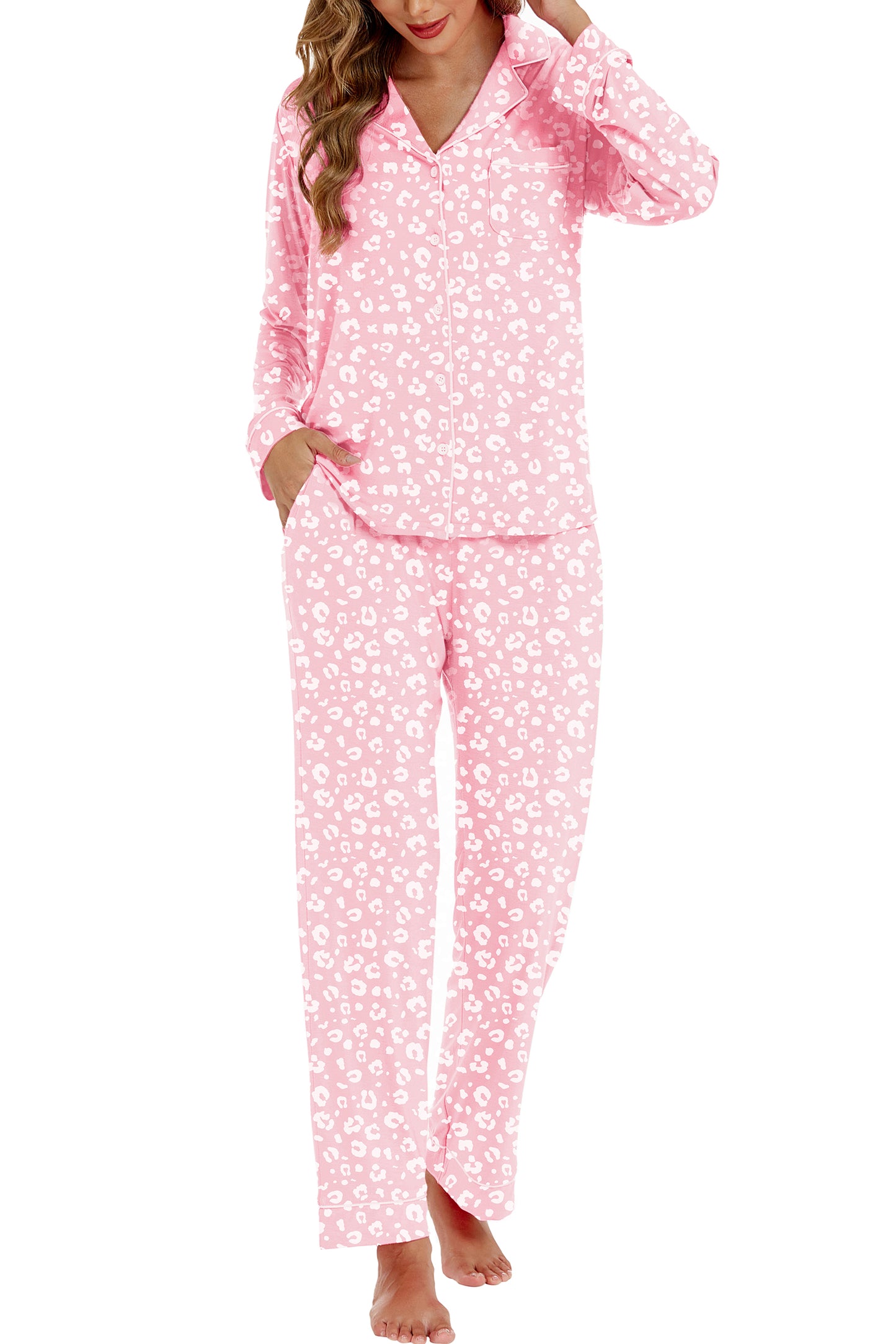 LUBOT Womens Bamboo Viscose Pajamas Set Cooling Super Soft 2 Piece PJ Set Button-Down Long Sleeve