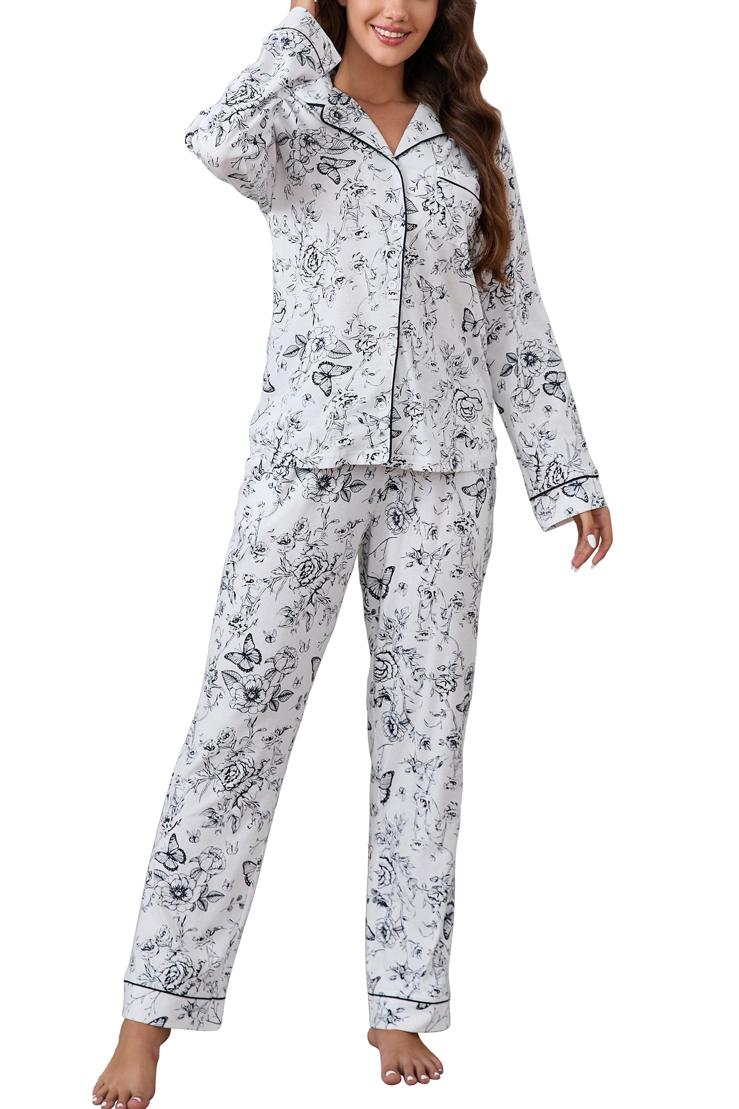 LUBOT 2026 100% Cotton Pajamas for Women PJ Set Soft Button 2 Piece Ladies Printed Knit Long Sleeve
