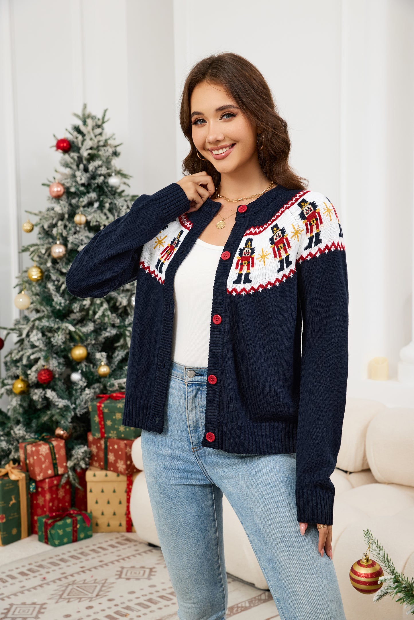 LUBOT Ugly Christmas Sweaters Cardigans for Women Soft Holiday Long Sleeve Wintertime Fuzzy Pullover Xmas Knit Sweaters