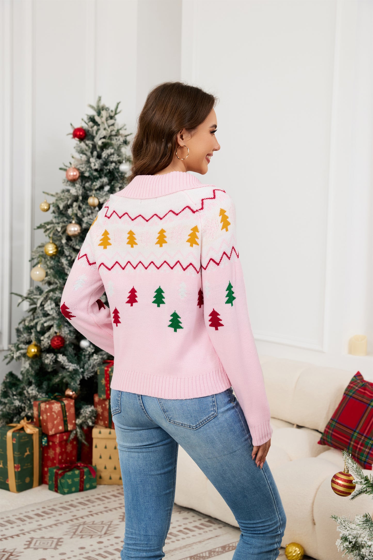 LUBOT Quarter Zip Ugly Christmas Sweater for Women 1/4 Zipper Cute Funny Tacky Holiday Parties Knitted Pullover Soft Cozy Xmas Sweaters, Navy Blue Tree