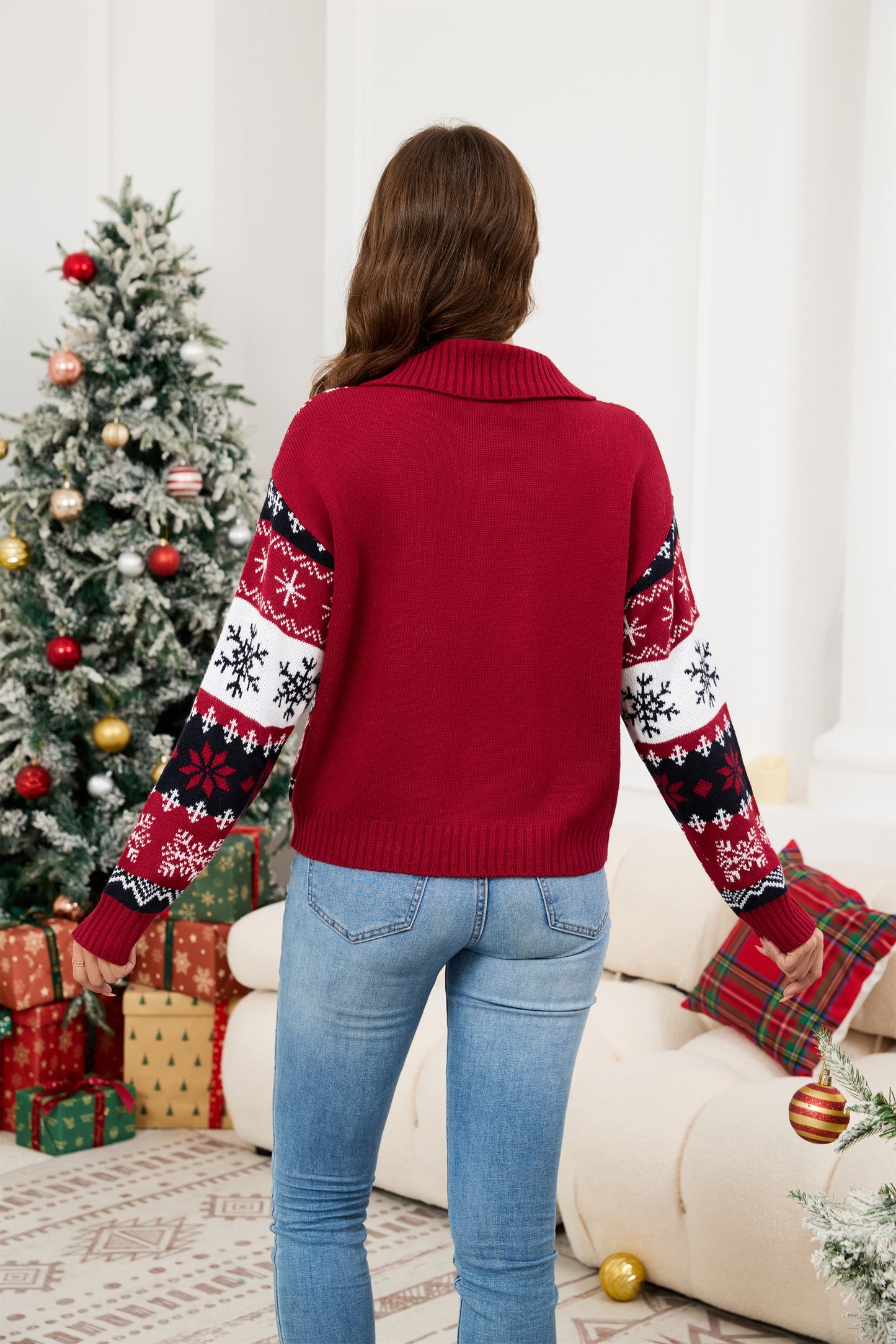 LUBOT Quarter Zip Ugly Christmas Sweater for Women 1/4 Zipper Cute Funny Tacky Holiday Parties Knitted Pullover Soft Cozy Xmas Sweaters, Blue Snowflake