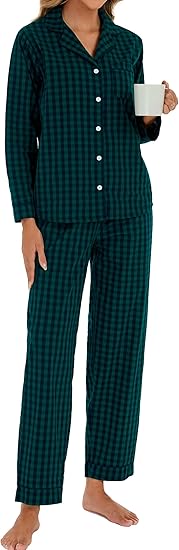 LUBOT 100% Cotton Pajamas for Women 2 Piece PJ Set Woven Poplin Ladies Button Down Long Sleeve Printed Sleepwear