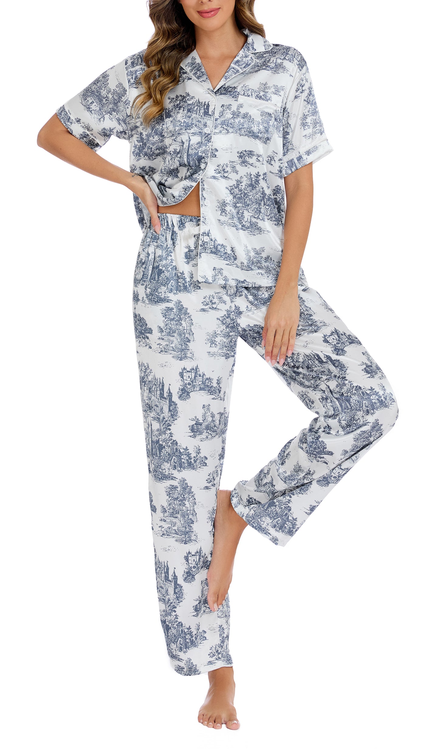 LUBOT 2026 Silk Pajamas for Women Satin Pajama Sets PJ 2 Piece Short Sleeve Long Pants Soft Button Down Loungewear Sleepwear
