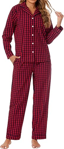 LUBOT 100% Cotton Pajamas for Women 2 Piece PJ Set Woven Poplin Ladies Button Down Long Sleeve Printed Sleepwear