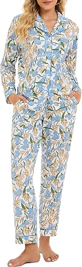 LUBOT 2026 100% Cotton Pajamas for Women PJ Set Soft Button 2 Piece Ladies Printed Knit Long Sleeve