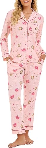 LUBOT 2026 100% Cotton Pajamas for Women PJ Set Soft Button 2 Piece Ladies Printed Knit Long Sleeve