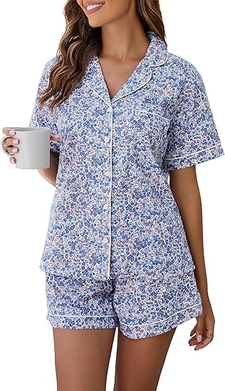 LUBOT 100% Cotton Pajamas for Women 2 Piece PJ Set Woven Poplin Ladies Button Down Short Sleeve Summer Sleepwear
