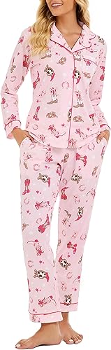 LUBOT 2026 100% Cotton Pajamas for Women PJ Set Soft Button 2 Piece Ladies Printed Knit Long Sleeve