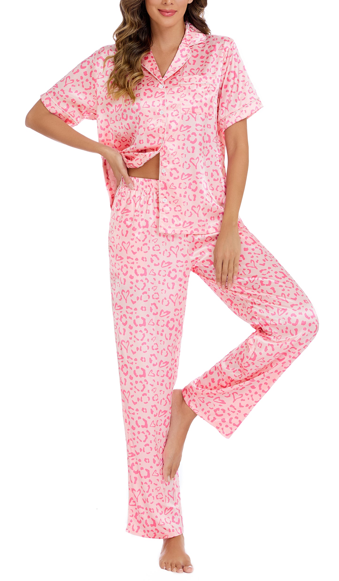 LUBOT 2026 Silk Pajamas for Women Satin Pajama Sets PJ 2 Piece Short Sleeve Long Pants Soft Button Down Loungewear Sleepwear