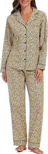 LUBOT 100% Cotton Pajamas for Women 2 Piece PJ Set Woven Poplin Ladies Button Down Long Sleeve Printed Sleepwear