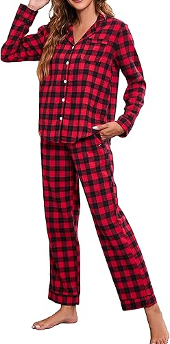 LUBOT 100% Cotton Pajamas for Women 2 Piece PJ Set Woven Poplin Ladies Button Down Long Sleeve Printed Sleepwear