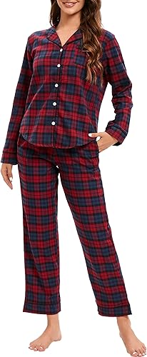 LUBOT 100% Cotton Pajamas for Women 2 Piece PJ Set Woven Poplin Ladies Button Down Long Sleeve Printed Sleepwear