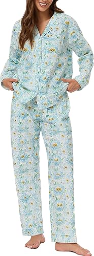 LUBOT 100% Cotton Pajamas for Women 2 Piece PJ Set Woven Poplin Ladies Button Down Long Sleeve Printed Sleepwear