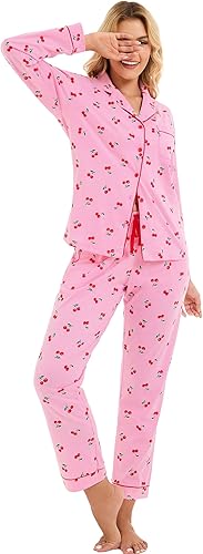 LUBOT 2026 100% Cotton Pajamas for Women PJ Set Soft Button 2 Piece Ladies Printed Knit Long Sleeve