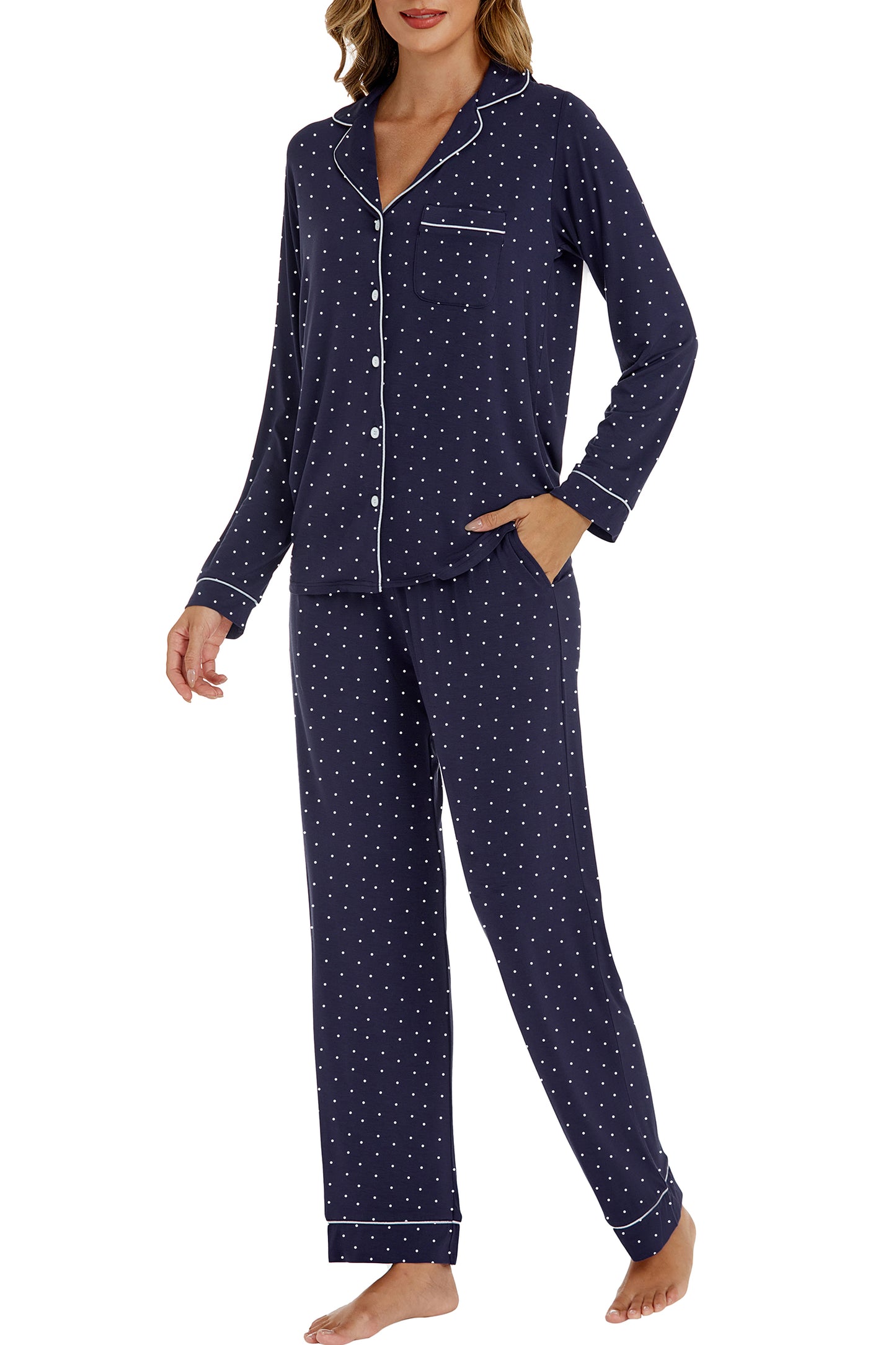 LUBOT Womens Bamboo Viscose Pajamas Set Cooling Super Soft 2 Piece PJ Set Button-Down Long Sleeve