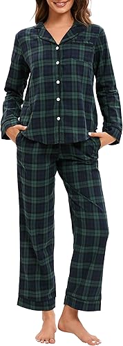 LUBOT 100% Cotton Pajamas for Women 2 Piece PJ Set Woven Poplin Ladies Button Down Long Sleeve Printed Sleepwear