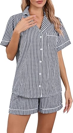 LUBOT 100% Cotton Pajamas for Women 2 Piece PJ Set Woven Poplin Ladies Button Down Short Sleeve Summer Sleepwear