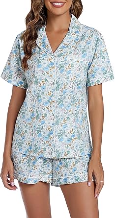 LUBOT 100% Cotton Pajamas for Women 2 Piece PJ Set Woven Poplin Ladies Button Down Short Sleeve Summer Sleepwear