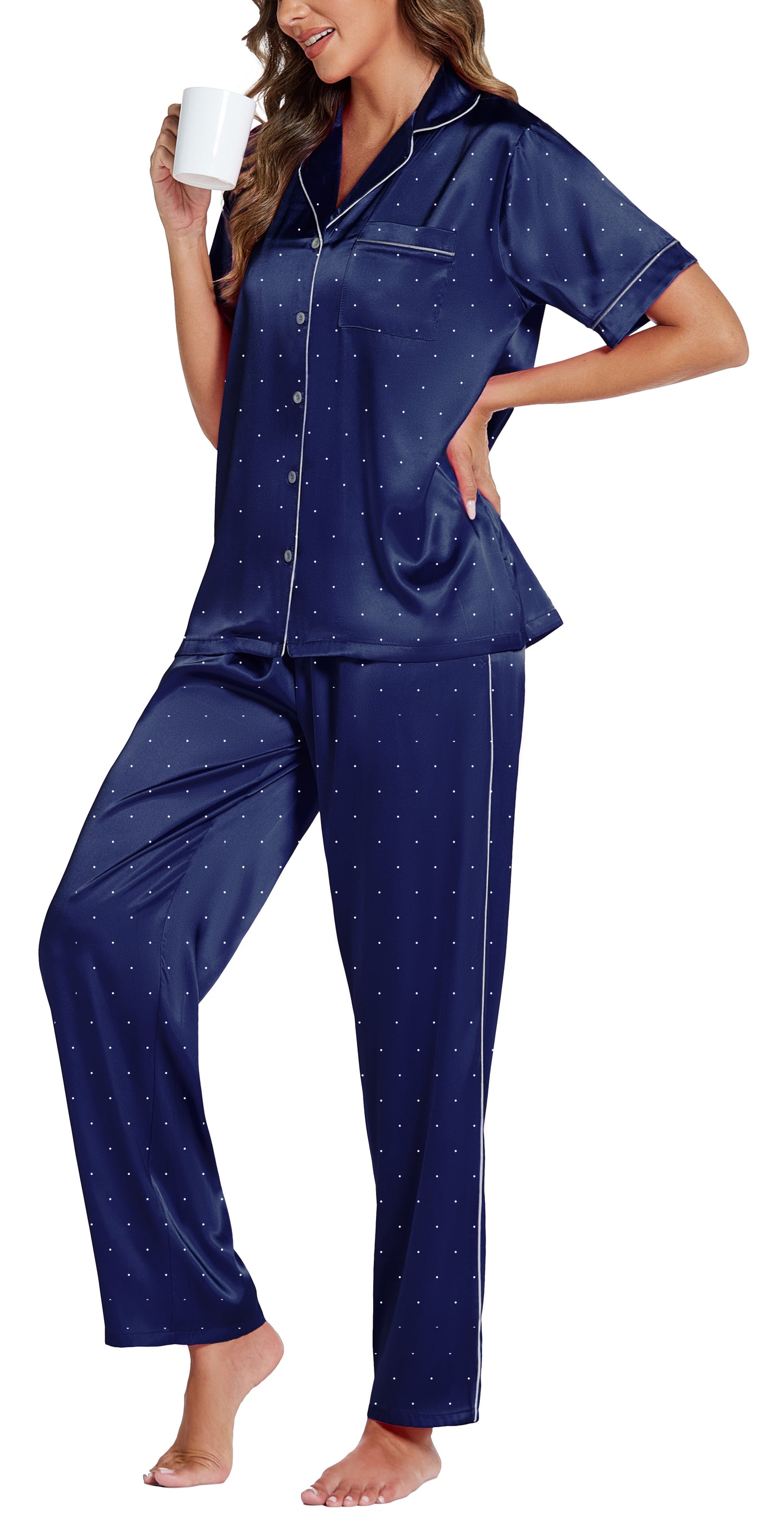LUBOT 2026 Silk Pajamas for Women Satin Pajama Sets PJ 2 Piece Short Sleeve Long Pants Soft Button Down Loungewear Sleepwear