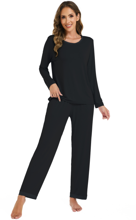 LUBOT 2026 New Bamboo Viscose Long Sleeve Cooling Lightweight Super Soft Soft Women's Pajama Sets Wicking Sleepwear Comfy Black