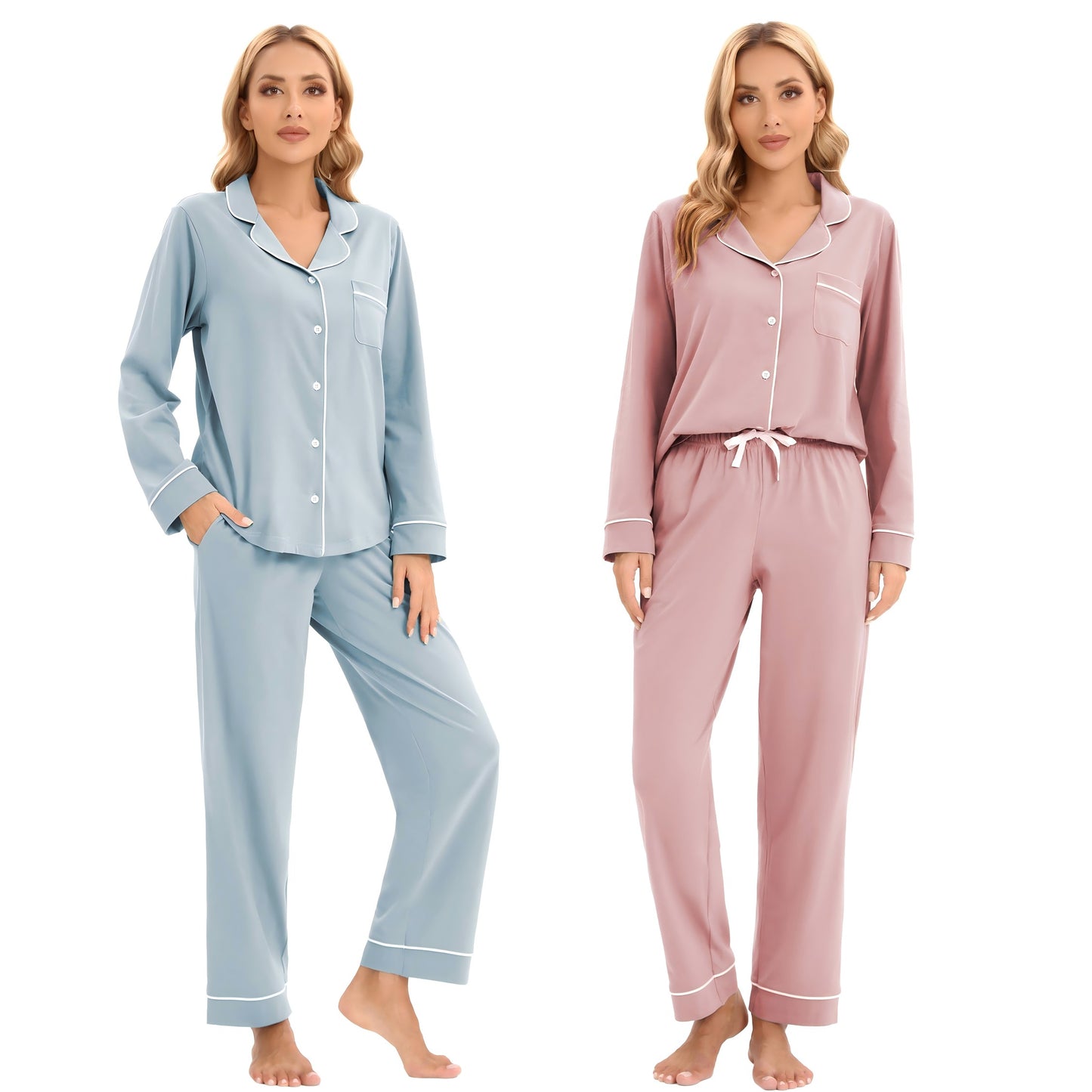 LUBOT 100% Cotton Pajamas for Women PJ Set Soft Button-Down 2 Piece Set Knitted Long Sleeve