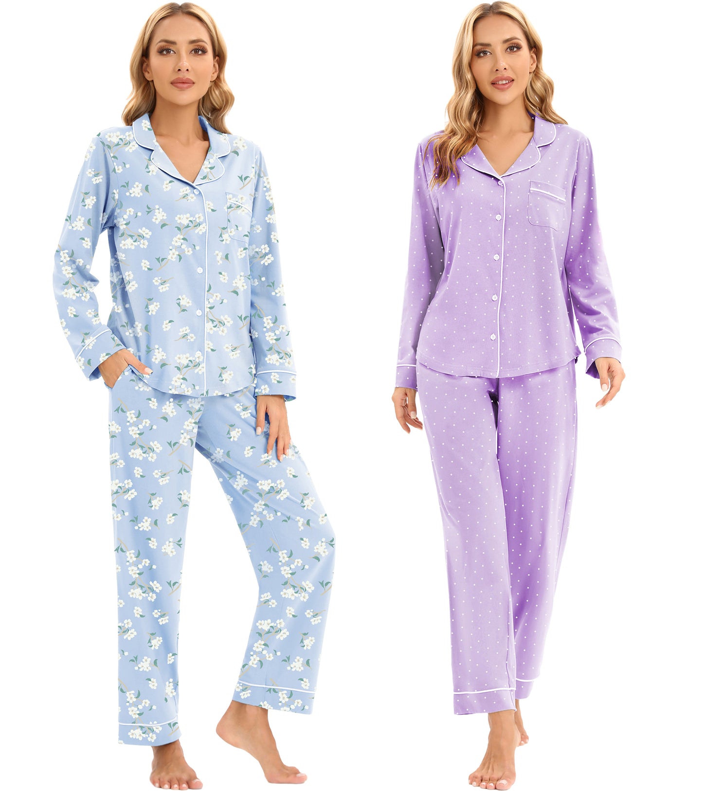 LUBOT 2026 100% Cotton Pajamas for Women PJ Set Soft Button 2 Piece Ladies Printed Knit Long Sleeve