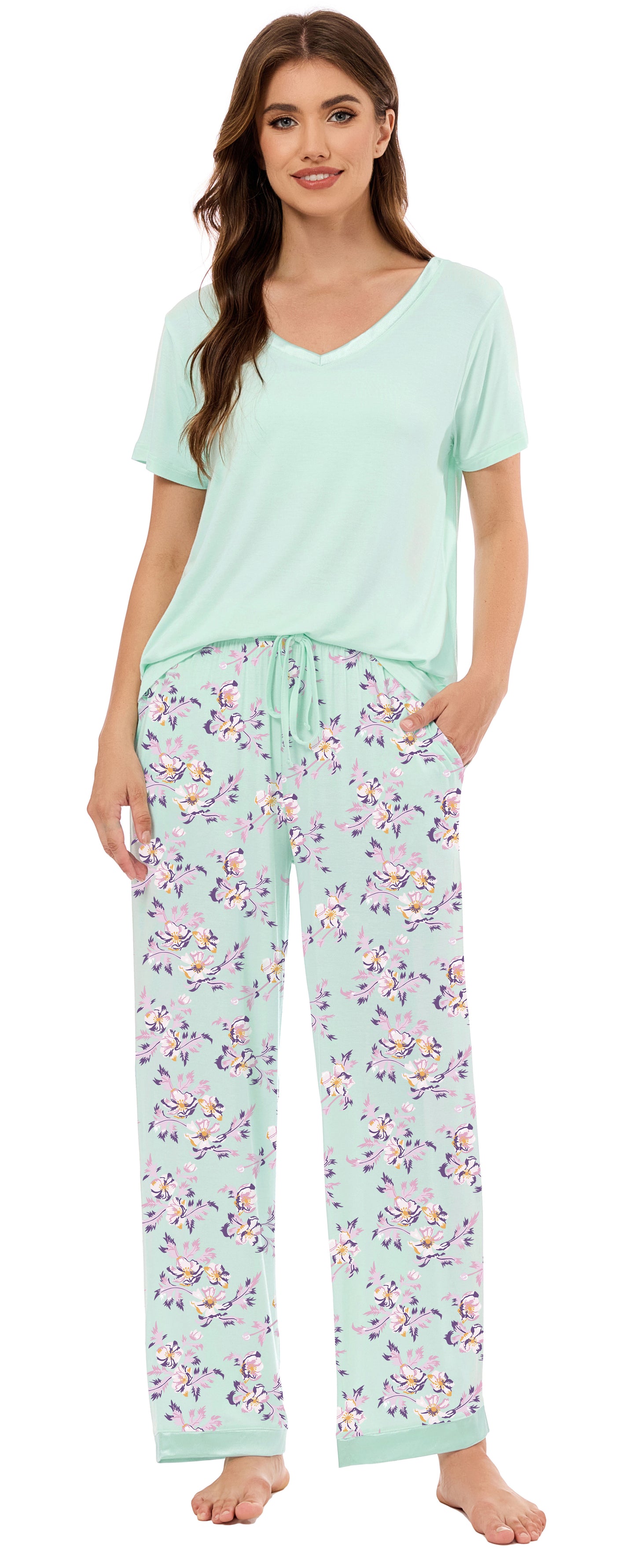 LUBOT Bamboo Viscose Pajamas for Women Soft Breathable Cooling Womens Pajama Set Two Piece PJ Sets Short Sleeve Pants Loungewear Nightwear Sleepwear