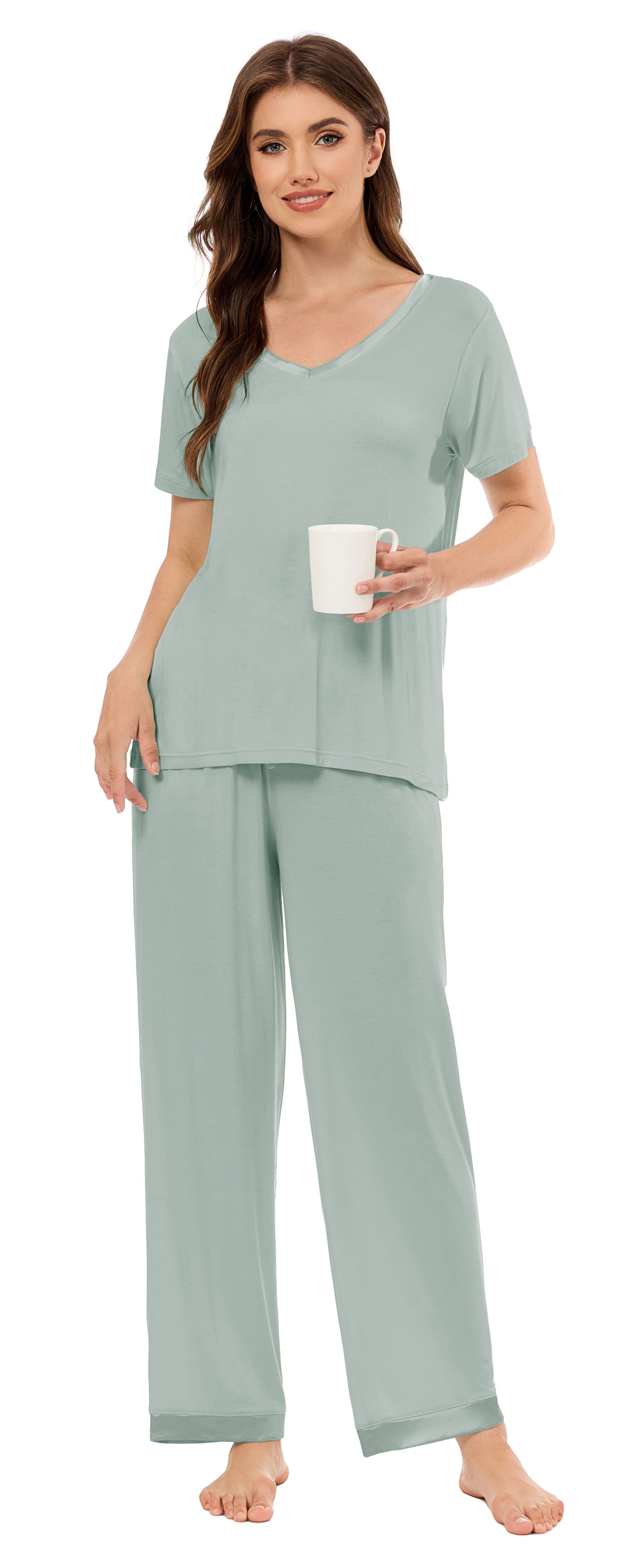 LUBOT Bamboo Viscose Pajamas for Women Soft Breathable Cooling Womens Pajama Set Two Piece PJ Sets Short Sleeve Pants Loungewear Nightwear Sleepwear