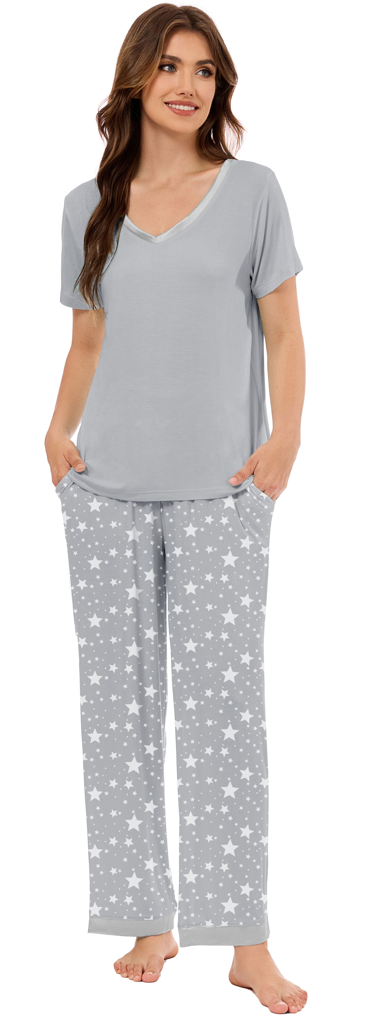 LUBOT Bamboo Viscose Pajamas for Women Soft Breathable Cooling Womens Pajama Set Two Piece PJ Sets Short Sleeve Pants Loungewear Nightwear Sleepwear