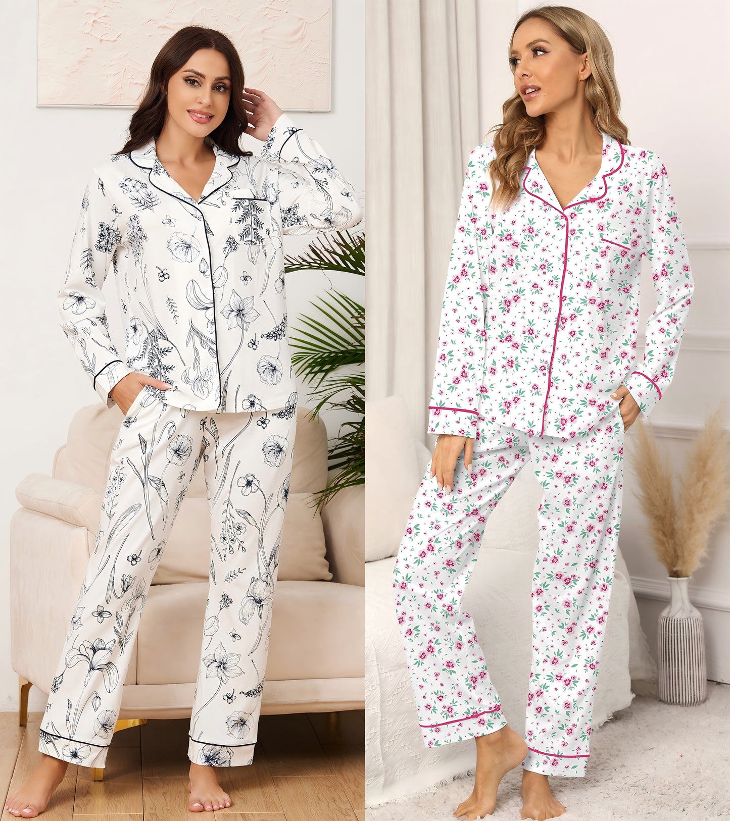 LUBOT 2026 100% Cotton Pajamas for Women PJ Set Soft Button 2 Piece Ladies Printed Knit Long Sleeve