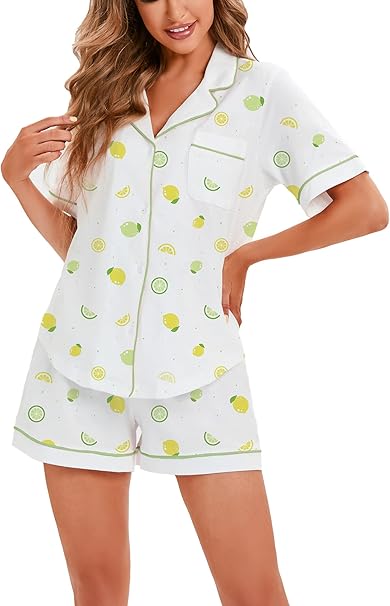LUBOT 100% Cotton Pajamas for Women 2 Piece PJ Set Button-Down Soft Printed Knit Short Sleeve
