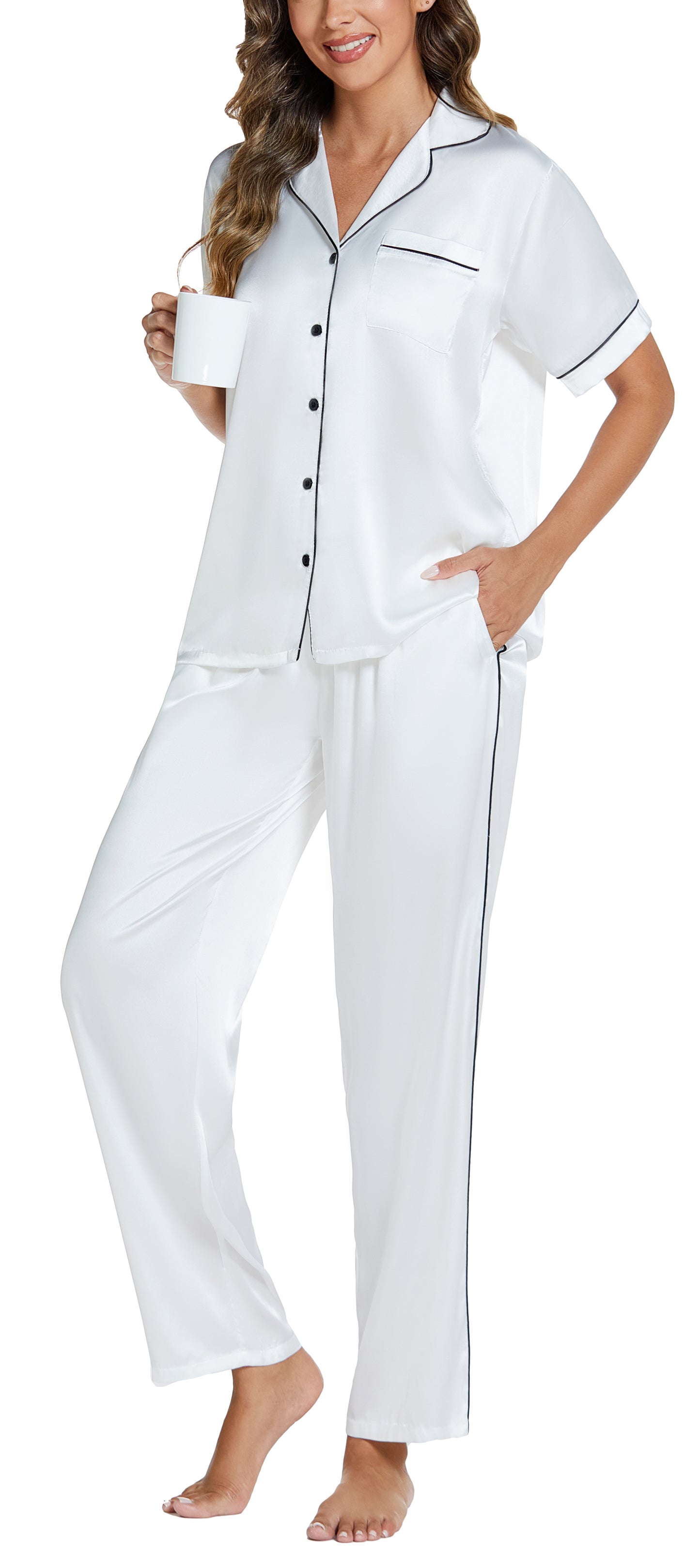 LUBOT 2026 Silk Pajamas for Women Satin Pajama Sets PJ 2 Piece Short Sleeve Long Pants Soft Button Down Loungewear Sleepwear