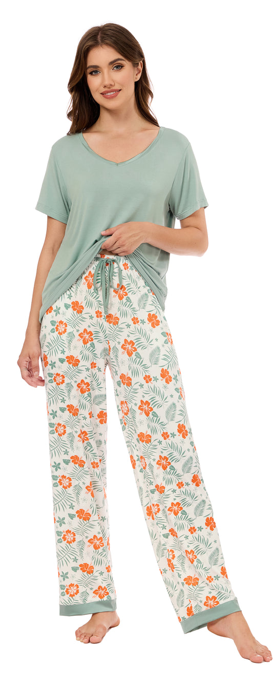 LUBOT Bamboo Viscose Pajamas for Women Soft Breathable Cooling Womens Pajama Set Two Piece PJ Sets Short Sleeve Pants Loungewear Nightwear Sleepwear