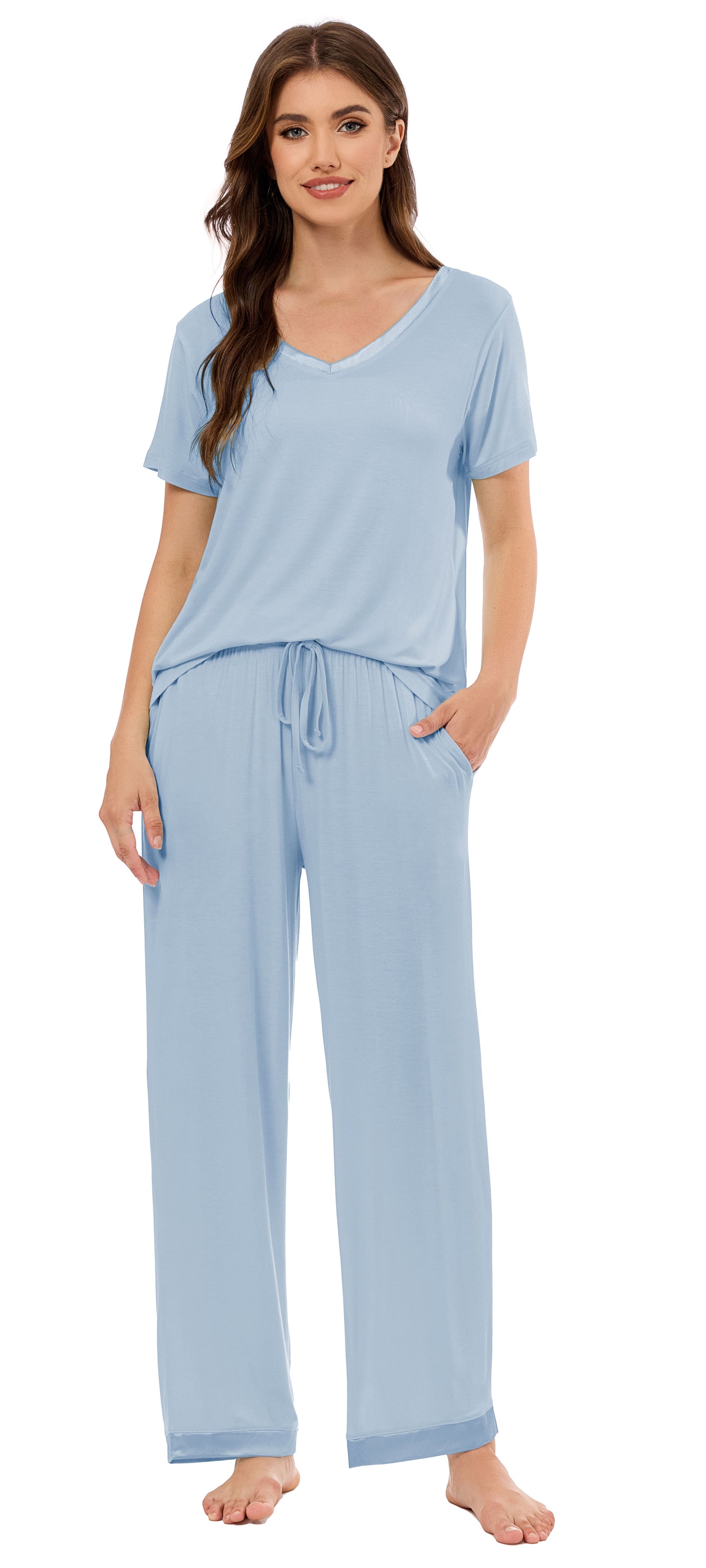 LUBOT Bamboo Viscose Pajamas for Women Soft Breathable Cooling Womens Pajama Set Two Piece PJ Sets Short Sleeve Pants Loungewear Nightwear Sleepwear