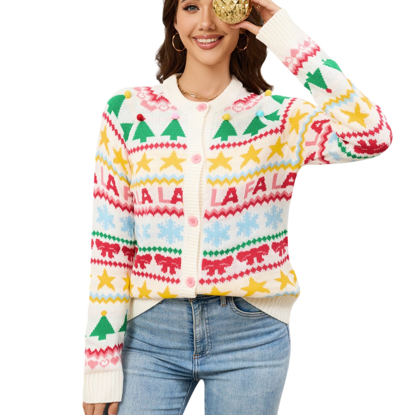 LUBOT Ugly Christmas Sweaters for Women Cute Fuzzy Funny Retro Wintertime Holiday Parties Knitted Casual Cardigan Sweater