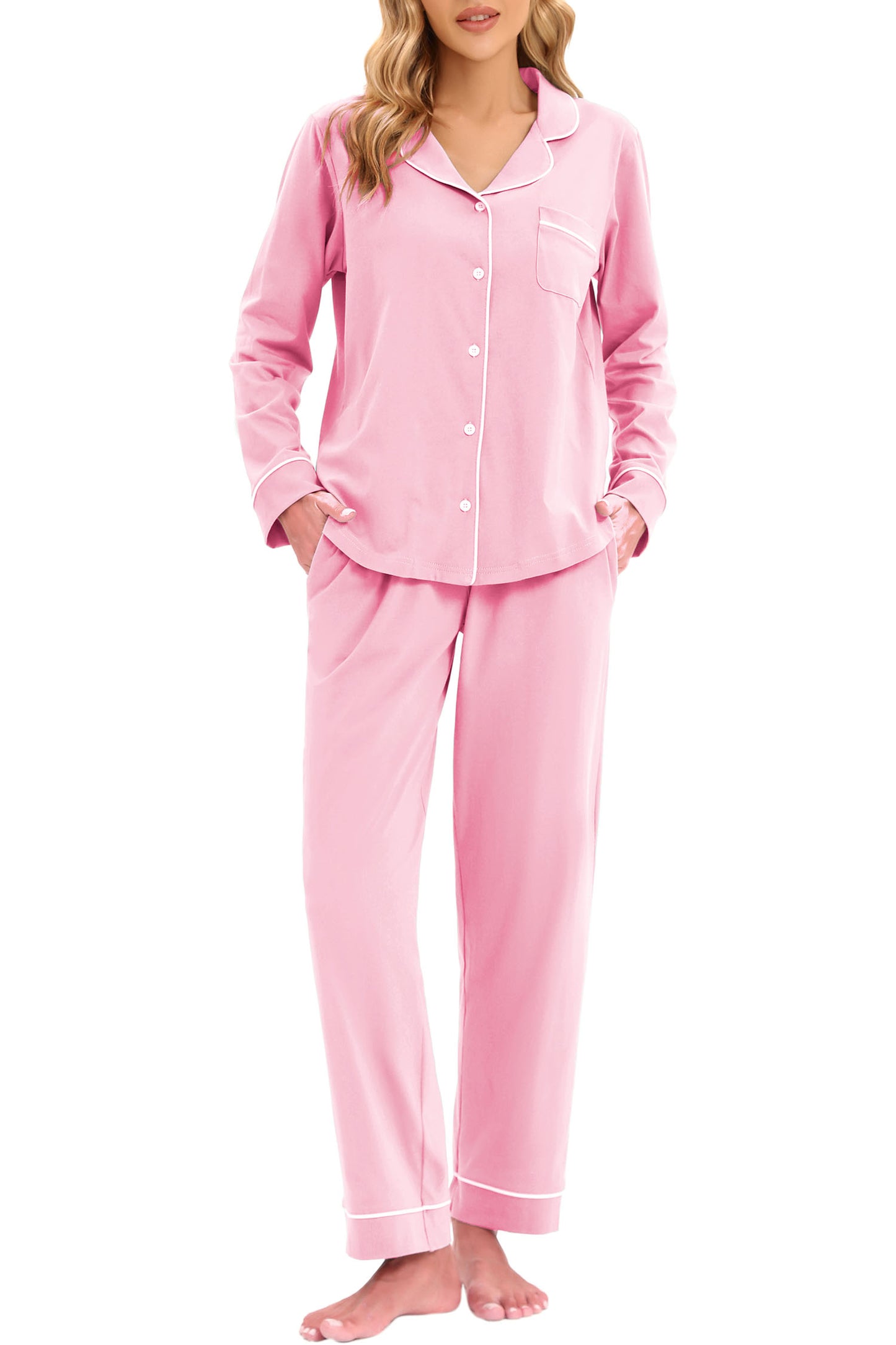 LUBOT 100% Cotton Pajamas for Women PJ Set Soft Button-Down 2 Piece Set Knitted Long Sleeve