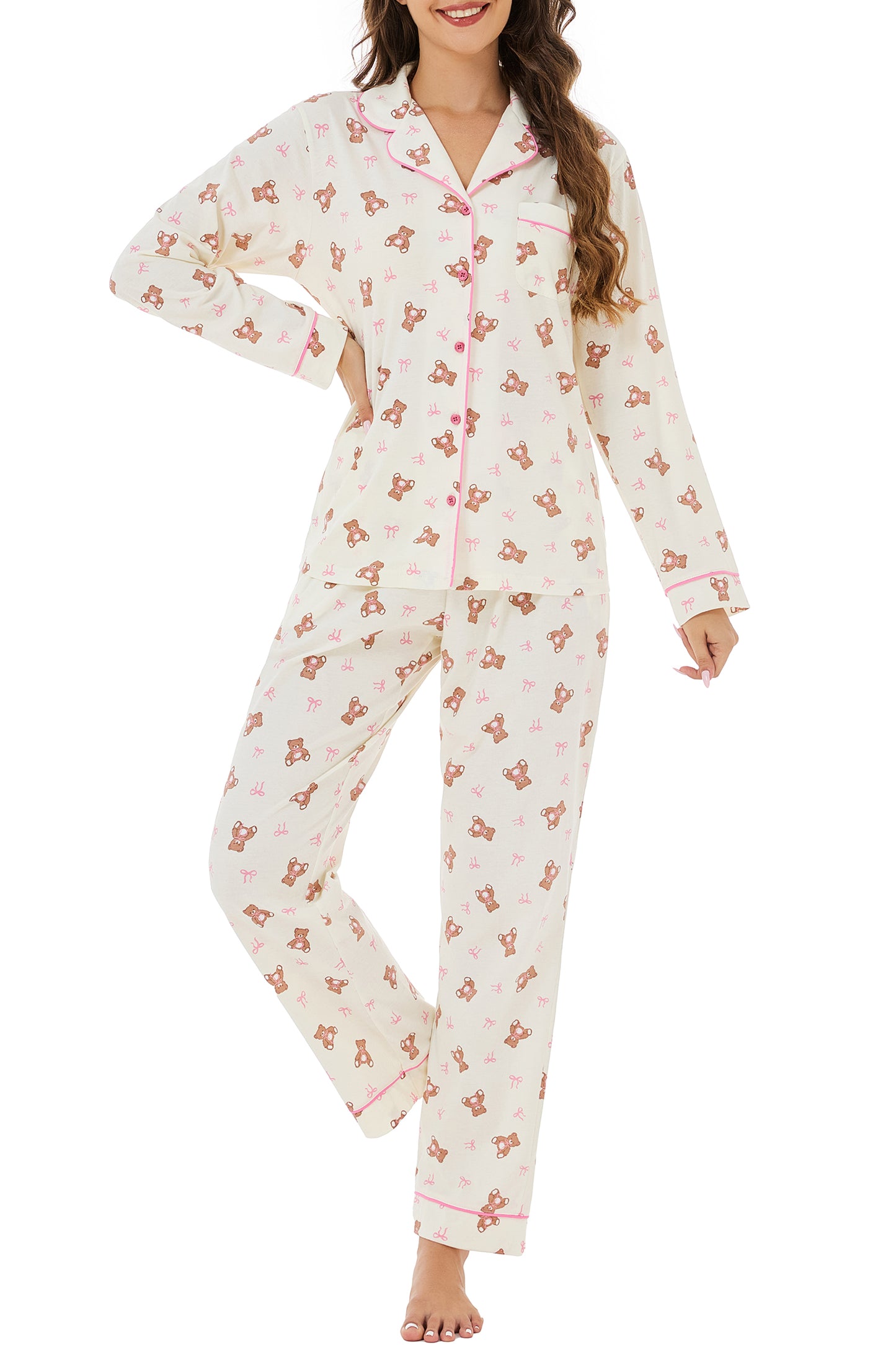 LUBOT 2026 100% Cotton Pajamas for Women PJ Set Soft Button 2 Piece Ladies Printed Knit Long Sleeve