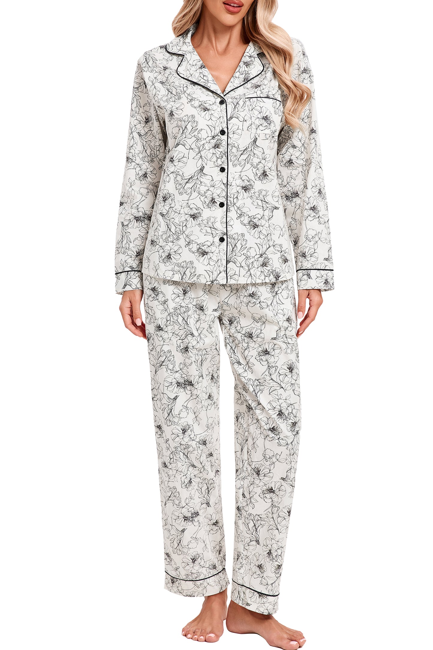 LUBOT 100% Cotton Pajamas for Women 2 Piece PJ Set Woven Poplin Ladies Button Down Long Sleeve Printed Sleepwear