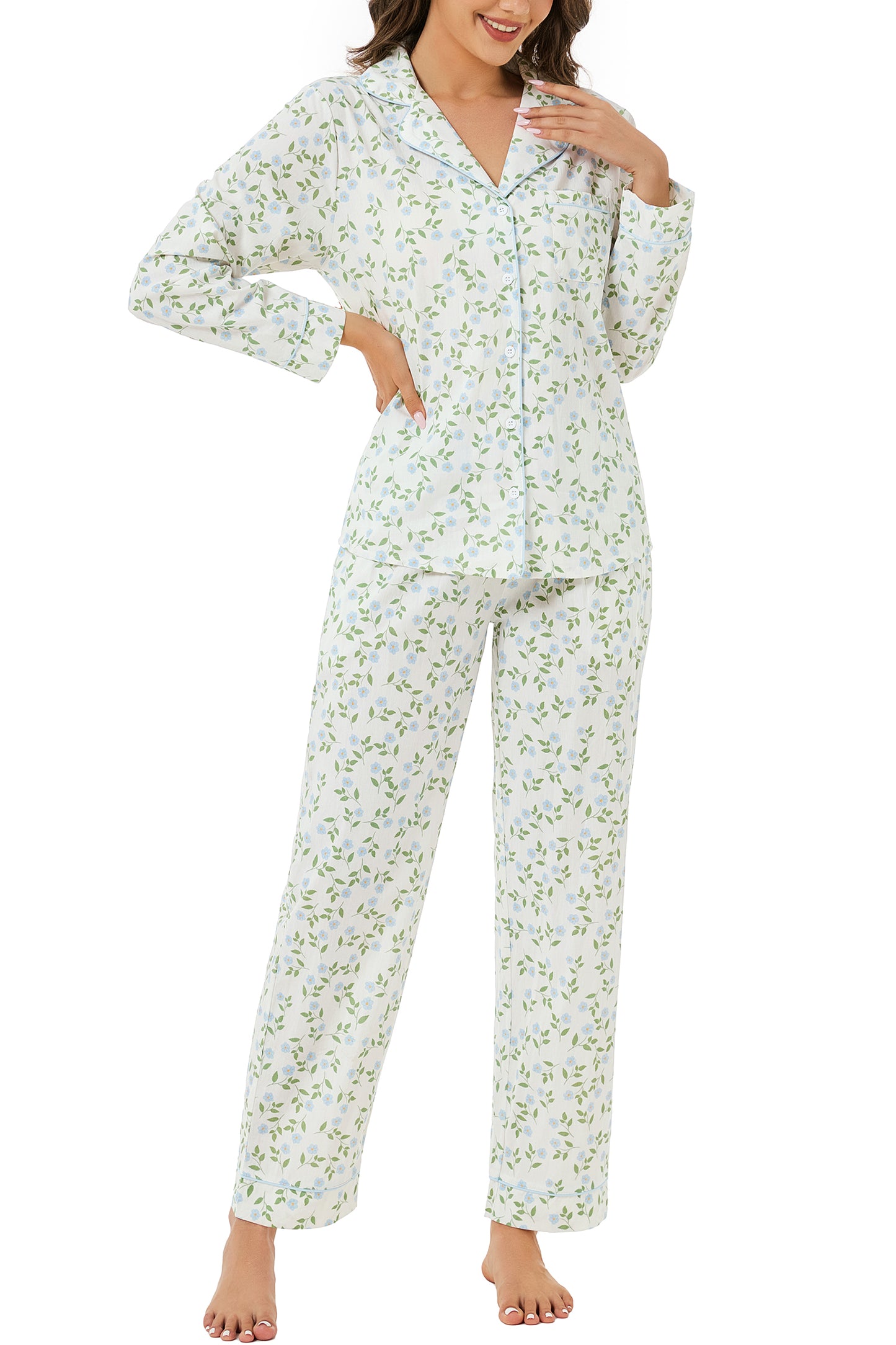 LUBOT 100% Cotton Pajamas for Women 2 Piece PJ Set Woven Poplin Ladies Button Down Long Sleeve Printed Sleepwear