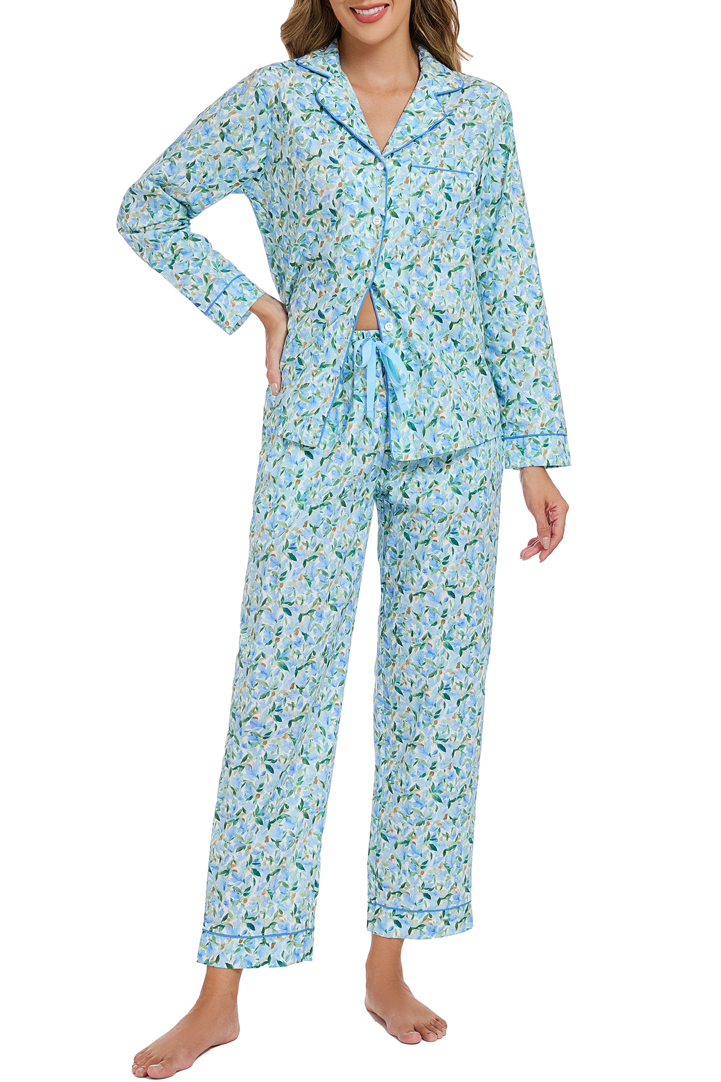LUBOT 100% Cotton Pajamas for Women 2 Piece PJ Set Woven Poplin Ladies Button Down Long Sleeve Printed Sleepwear