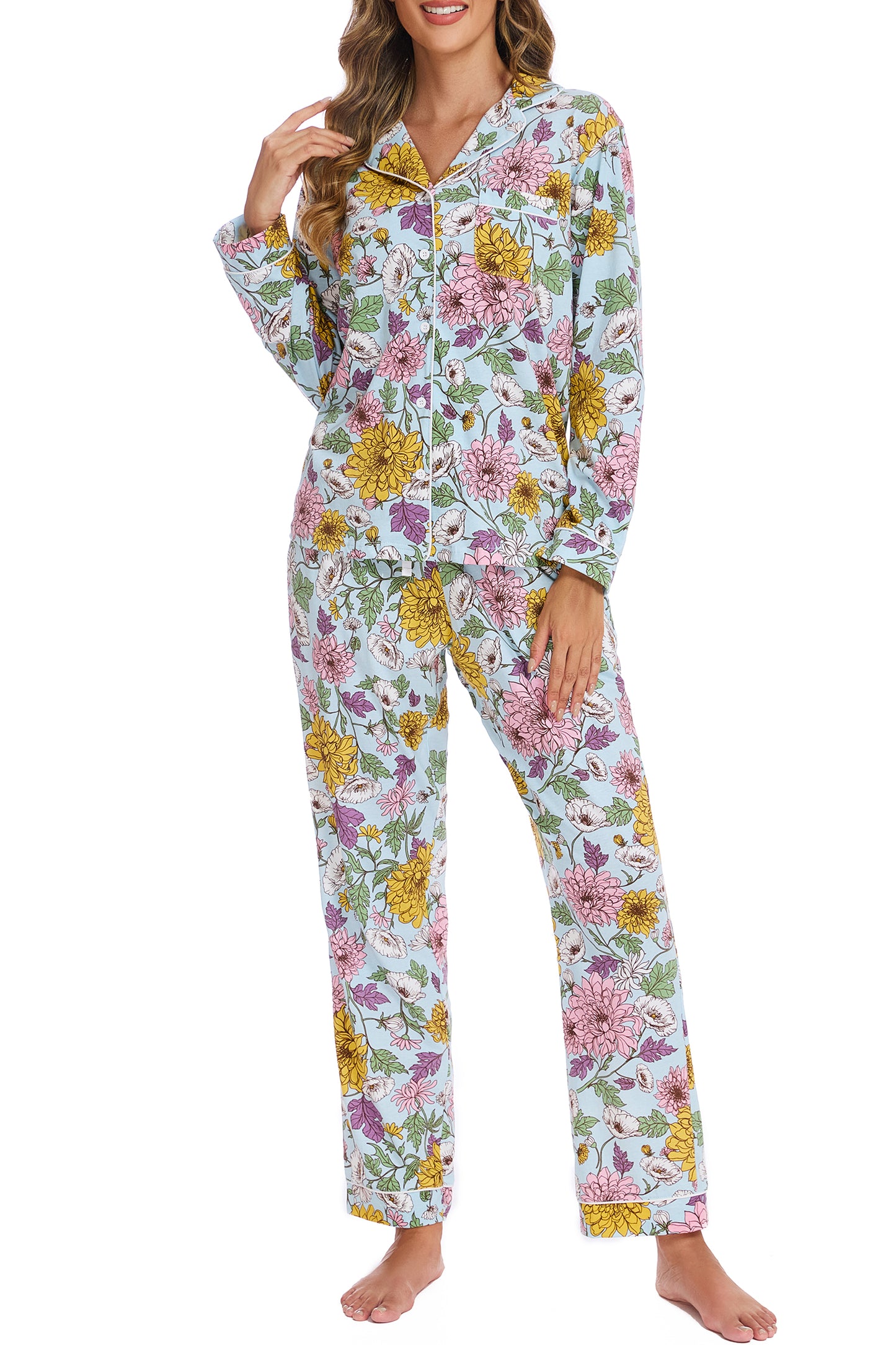 LUBOT 2026 100% Cotton Pajamas for Women PJ Set Soft Button 2 Piece Ladies Printed Knit Long Sleeve