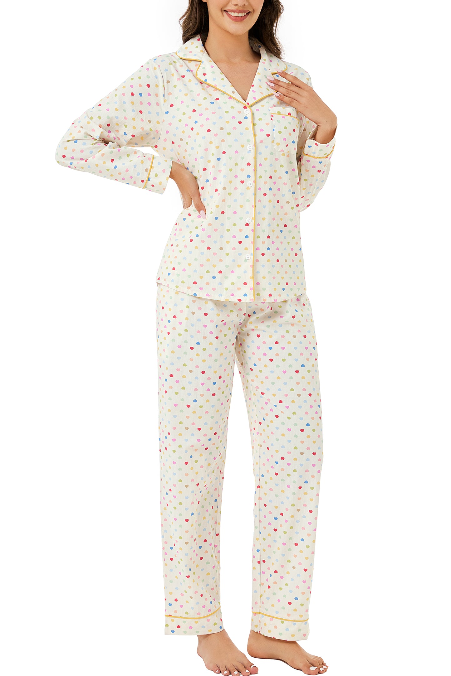 LUBOT 100% Cotton Pajamas for Women 2 Piece PJ Set Woven Poplin Ladies Button Down Long Sleeve Printed Sleepwear