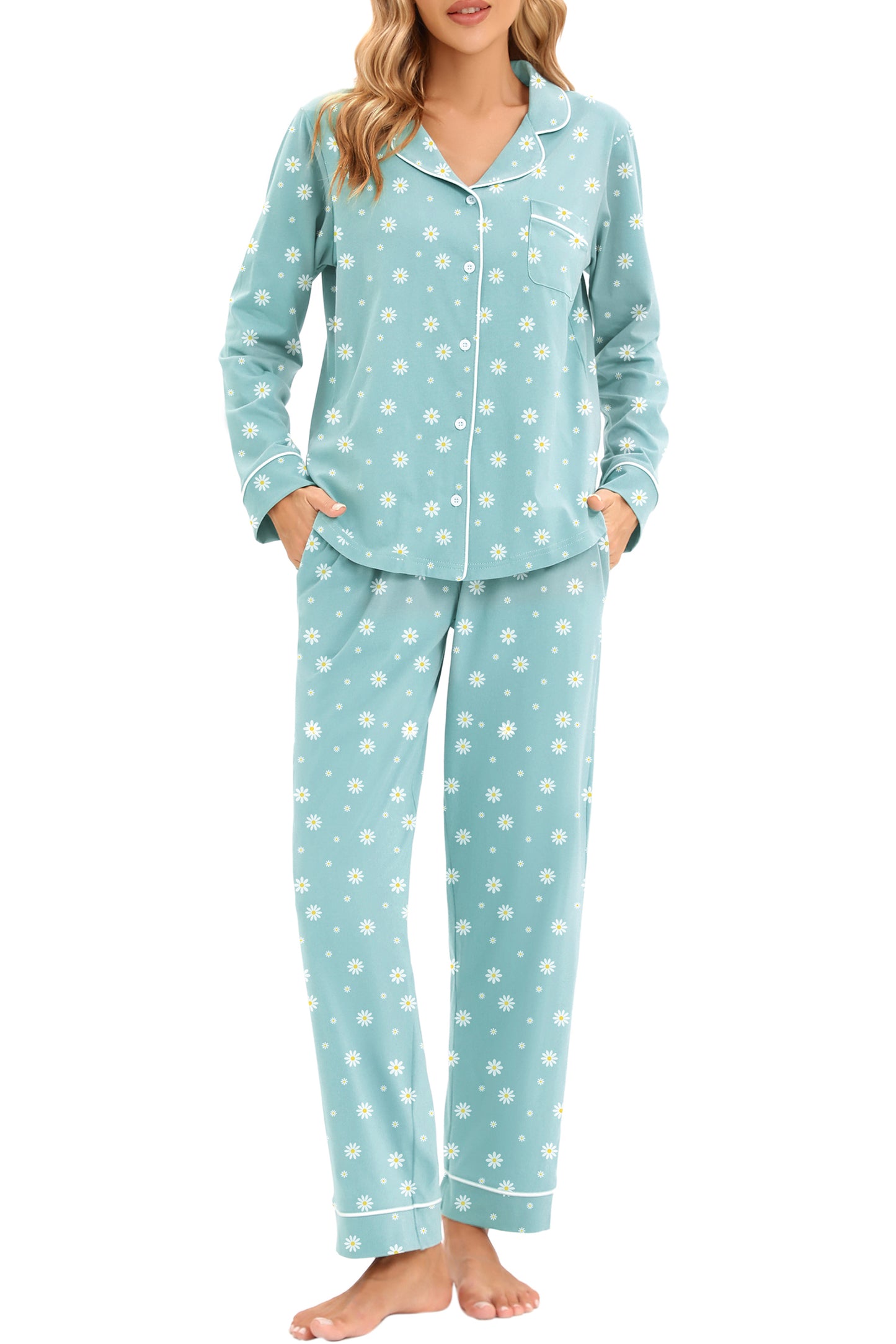 LUBOT 2026 100% Cotton Pajamas for Women PJ Set Soft Button 2 Piece Ladies Printed Knit Long Sleeve