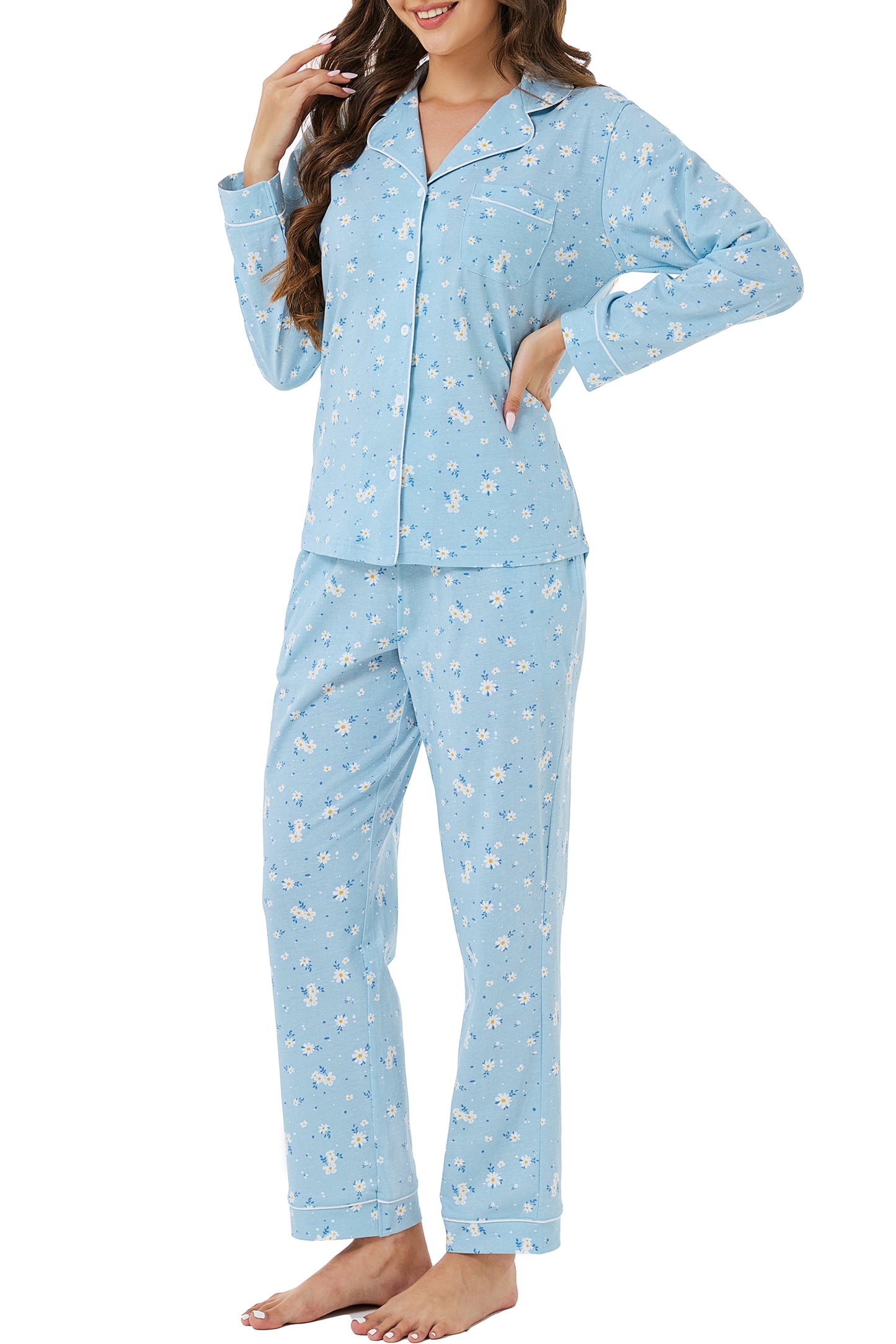 LUBOT 2026 100% Cotton Pajamas for Women PJ Set Soft Button 2 Piece Ladies Printed Knit Long Sleeve