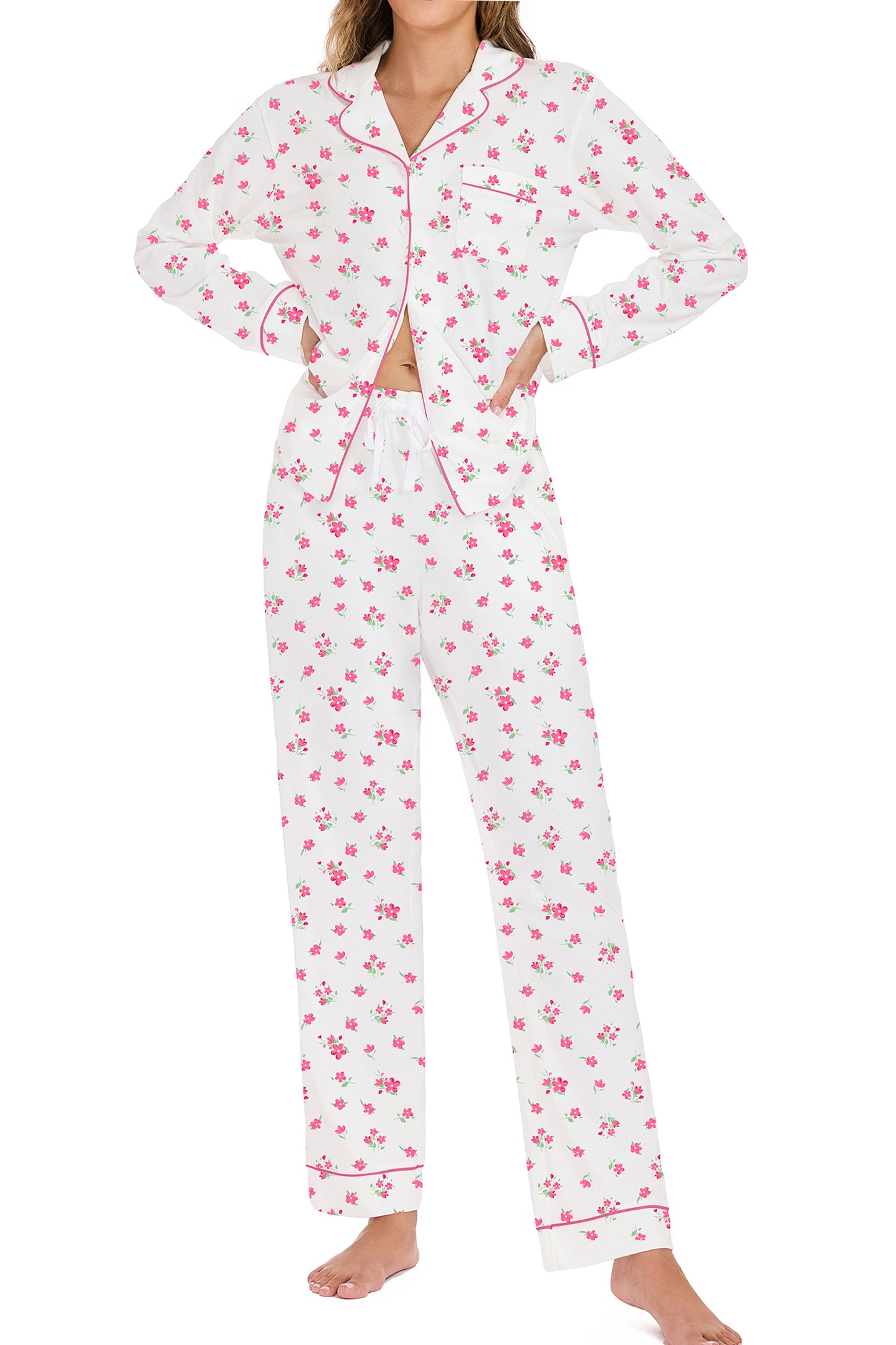 LUBOT 2026 100% Cotton Pajamas for Women PJ Set Soft Button 2 Piece Ladies Printed Knit Long Sleeve