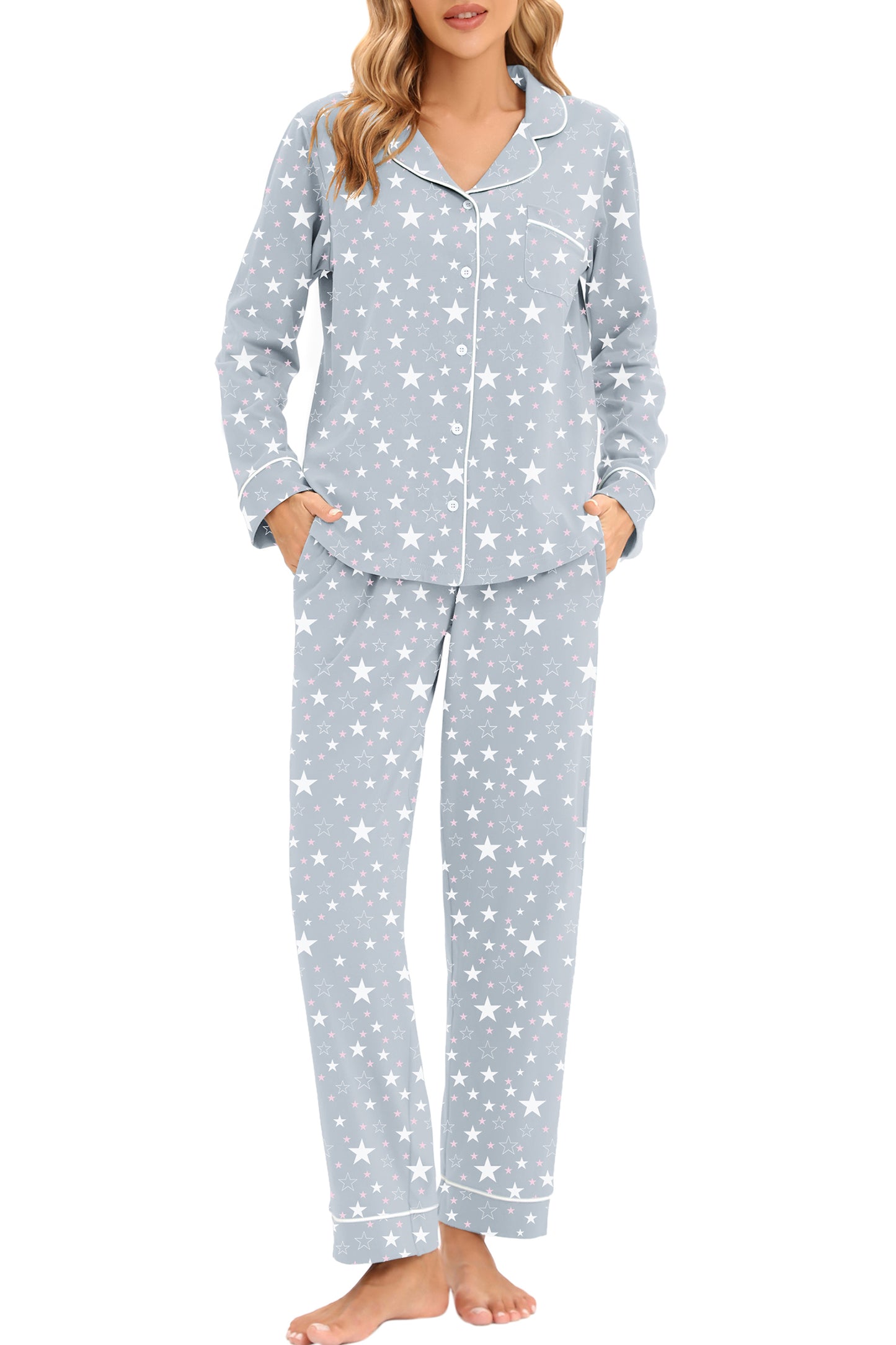 LUBOT 2026 100% Cotton Pajamas for Women PJ Set Soft Button 2 Piece Ladies Printed Knit Long Sleeve