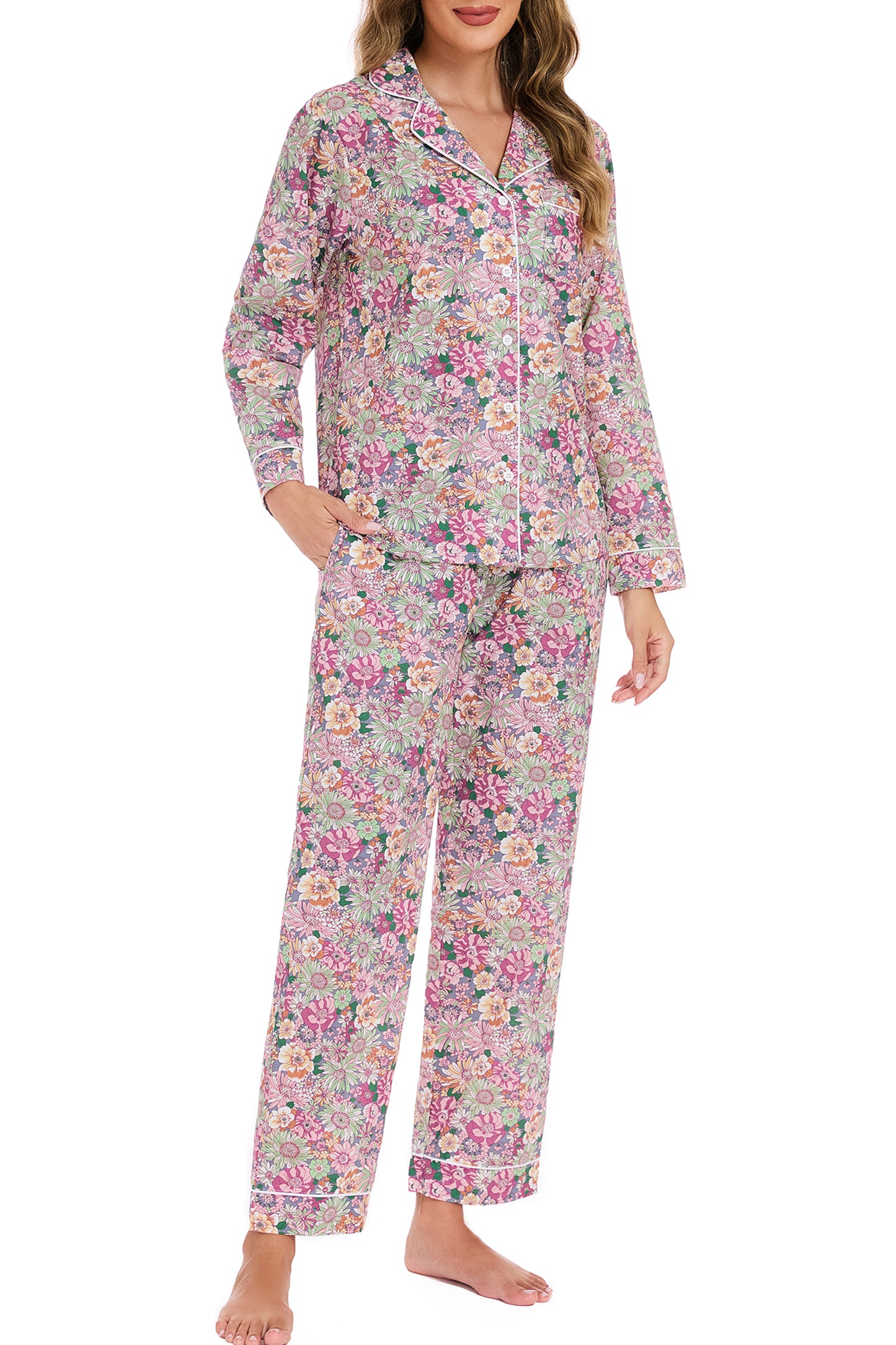 LUBOT 100% Cotton Pajamas for Women 2 Piece PJ Set Woven Poplin Ladies Button Down Long Sleeve Printed Sleepwear