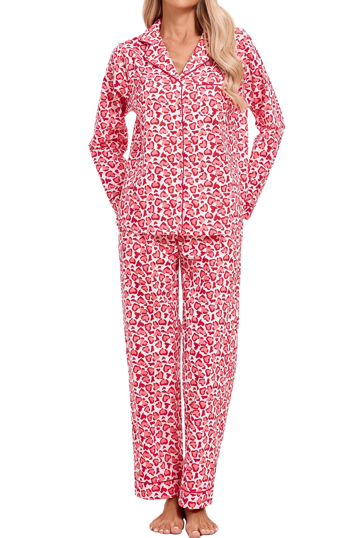 LUBOT 100% Cotton Pajamas for Women 2 Piece PJ Set Woven Poplin Ladies Button Down Long Sleeve Printed Sleepwear
