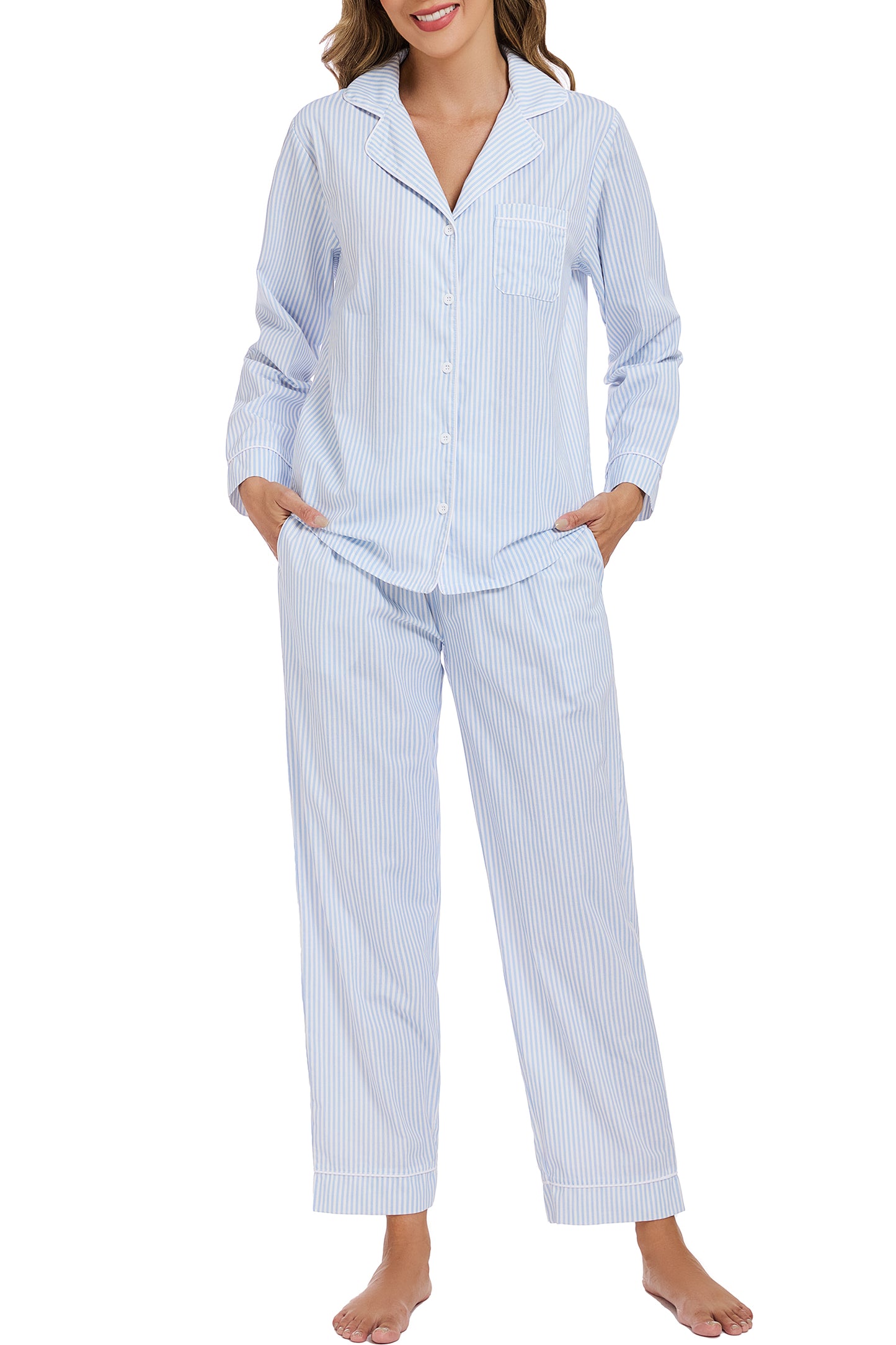 LUBOT 100% Cotton Pajamas for Women 2 Piece PJ Set Woven Poplin Ladies Button Down Long Sleeve Printed Sleepwear