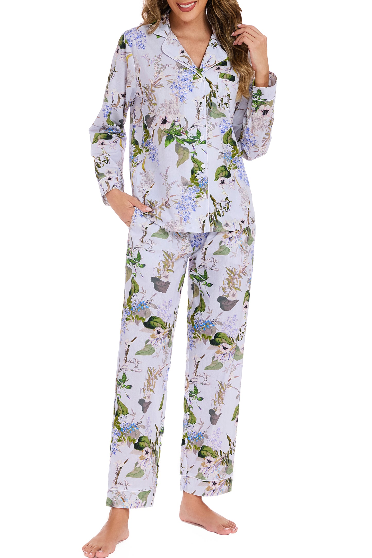 LUBOT 100% Cotton Pajamas for Women 2 Piece PJ Set Woven Poplin Ladies Button Down Long Sleeve Printed Sleepwear